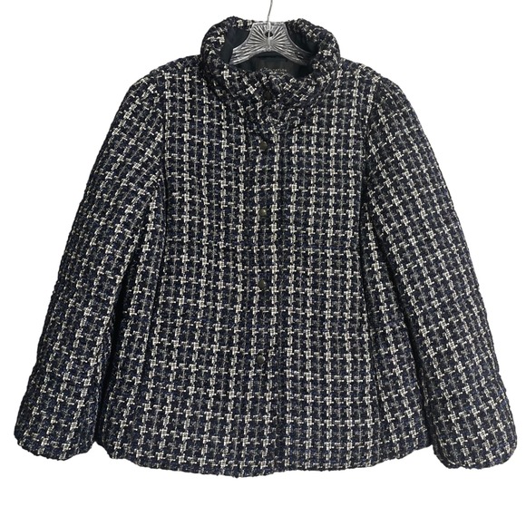 Ann Taylor Jackets & Blazers - Ann Taylor Tweed Puffer Jacket Women L Black Navy Plaid High Neck Preppy Classic